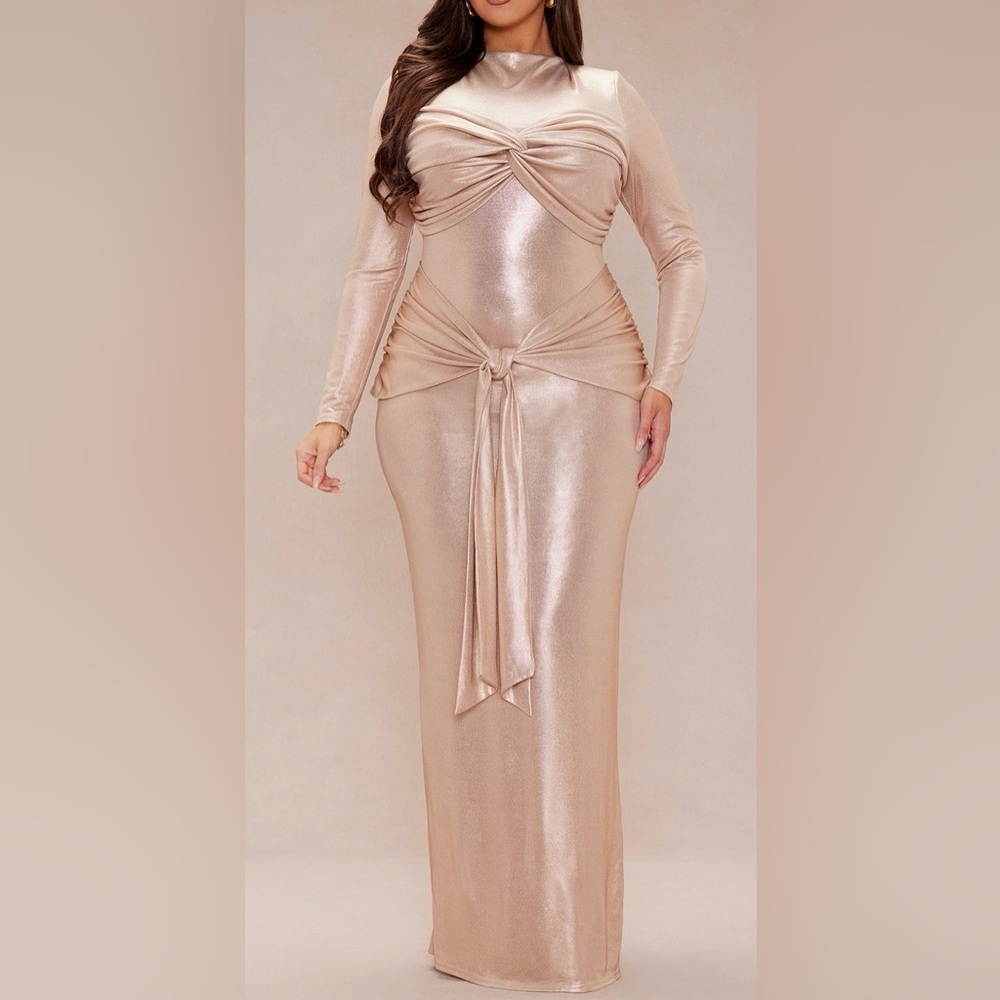 Metallic Champagne Long Sleeve Twist Front Gown .